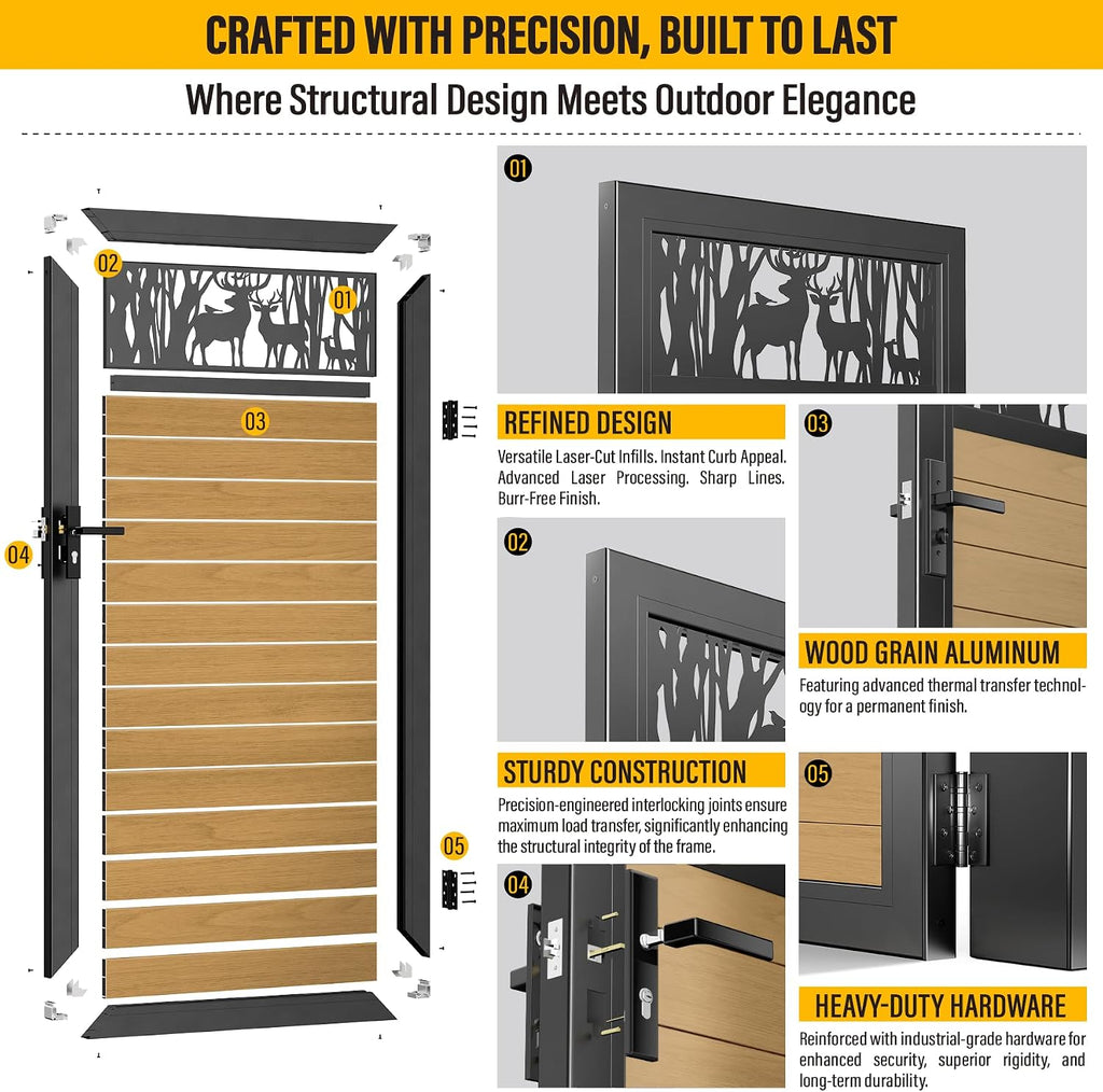 3x6 FT Aluminum Fence Gate Kit Wood Grain Aluminum Gate with Decorative Cutout, Lock & Hinges, Left/Right Opening, Weather Resistant for Yard Garden Patio