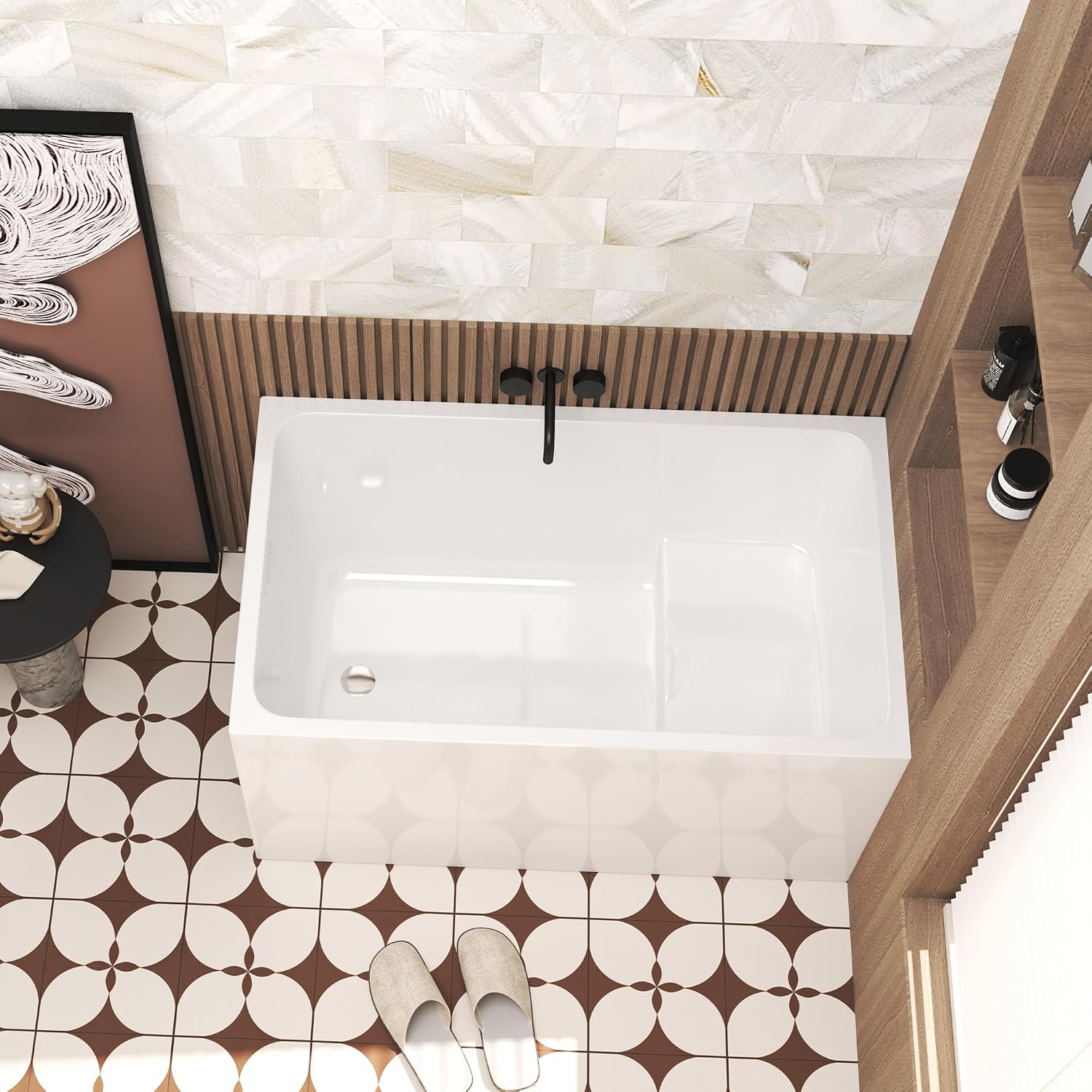 47' Acrylic Freestanding Bathtub with seat: rectangle Shape, Gloss White, Chrome Overflow Pop Up Drain