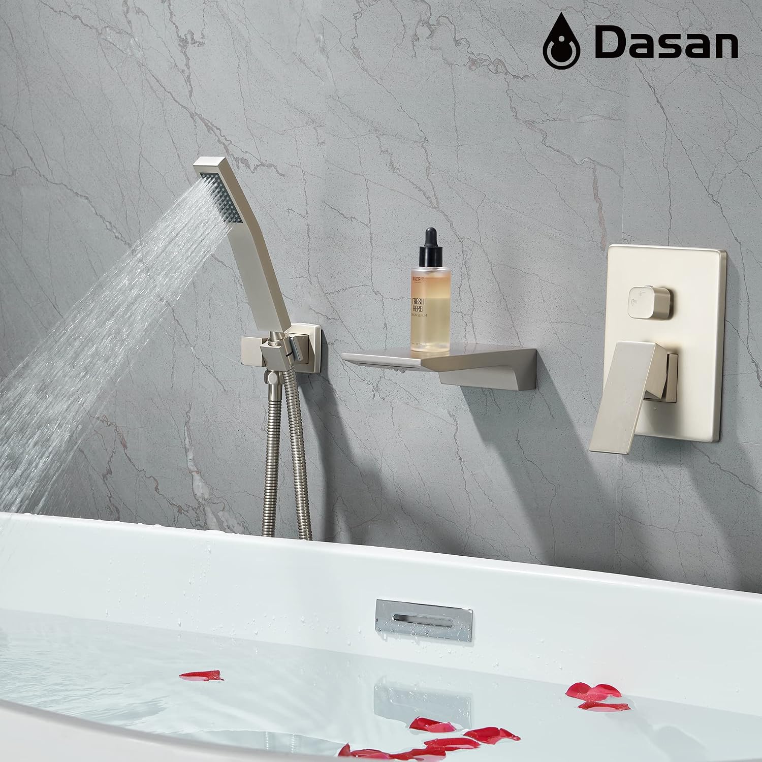 DASAN Waterfall Tub Filler Faucet Wall Mount with Hand Shower, Modern Wall Mounted Bathtub Faucet Brushed Nickel Tub Faucet with High Flow Rough in Valve, SA-TF01WH-BN