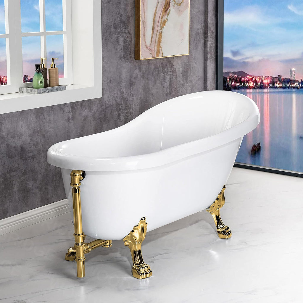 WOODBRIDGE 59' Heavy Duty Acrylic Slipper Clawfoot Bath Tub with Polished Gold Feet + Polished Gold Drain &Overflow