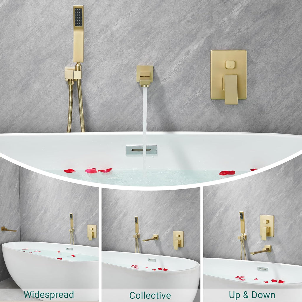 DASAN Swiveling Wall Mount Tub Filler Faucet Set with Hand Held Shower, Brushed Gold Modern Creative Bathtub Faucet Wall Mounted Bath Tub Faucet with High Flow Rough in Valve, SA-TF05WH-BG