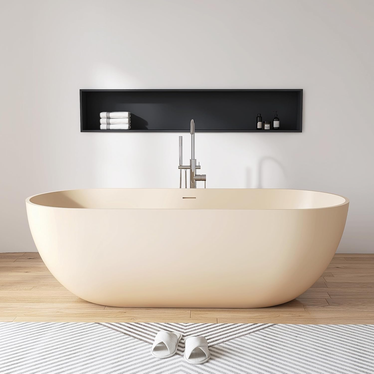 69' Freestanding Solid Surface Bathtub, Matte Cream Beige | Resin Stone, Modern Design Stand Alone Tub with Drain, Colorful Free Stand Tub