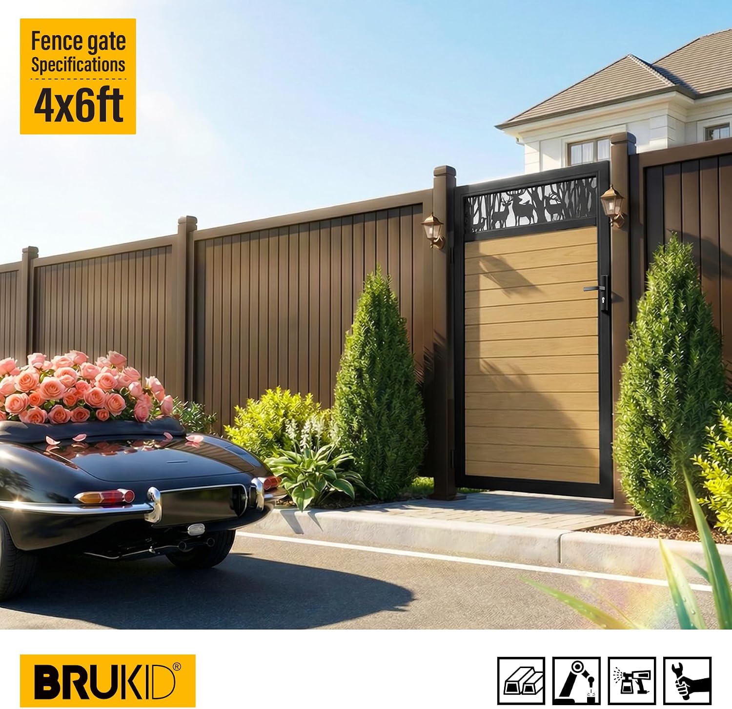 4x6 FT Aluminum Fence Gate Kit Wood Grain Aluminum Gate with Decorative Cutout, Lock & Hinges, Left/Right Opening, Weather Resistant for Yard Garden Patio