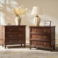HULALA HOME Farmhouse End Tables Set of 2 with 3 Drawers, Paulownia Solid Wood Side Table with Vintage Knobs, Ancient End Table with Charging Station, Easy Assembly, Walnut