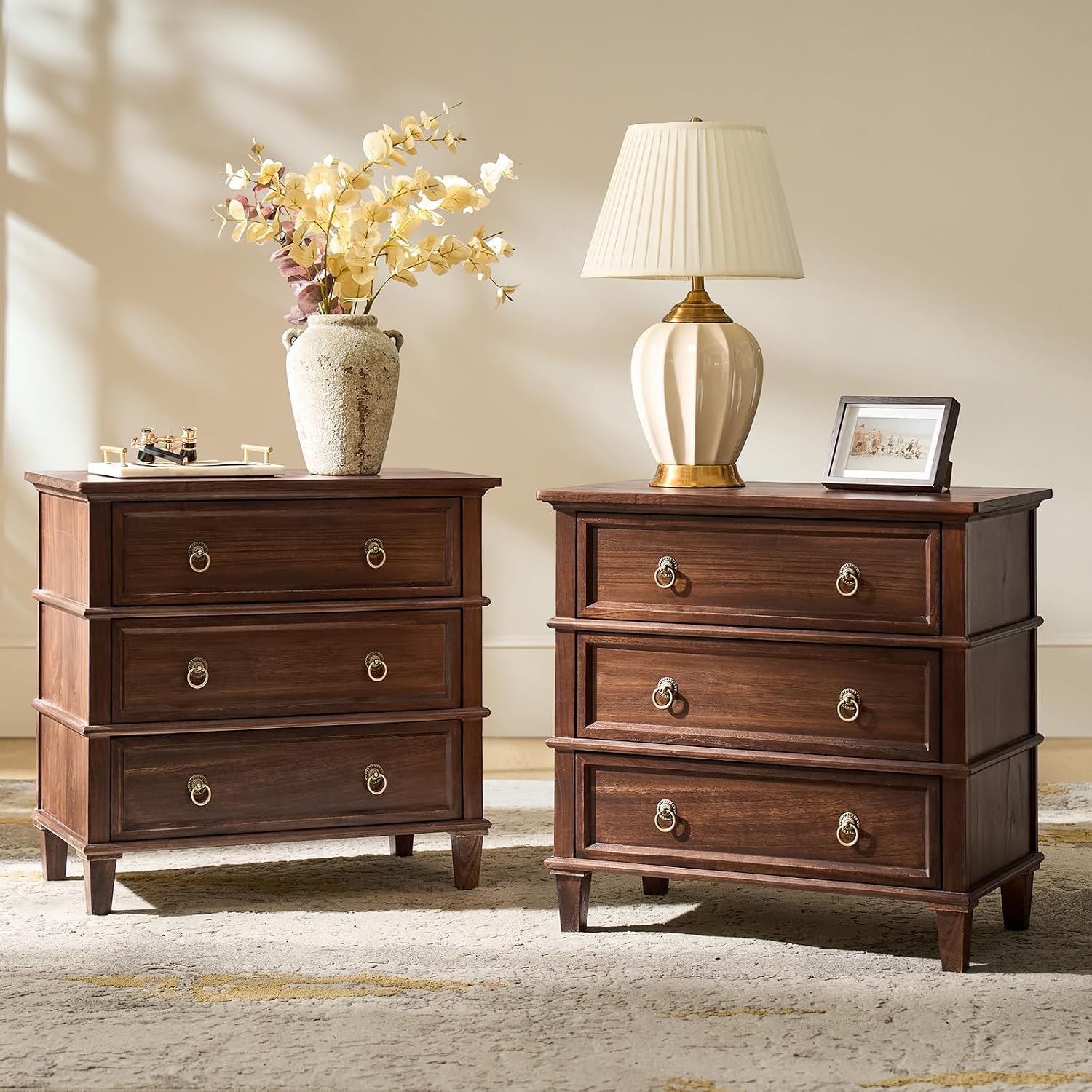 HULALA HOME Farmhouse End Tables Set of 2 with 3 Drawers, Paulownia Solid Wood Side Table with Vintage Knobs, Ancient End Table with Charging Station, Easy Assembly, Walnut