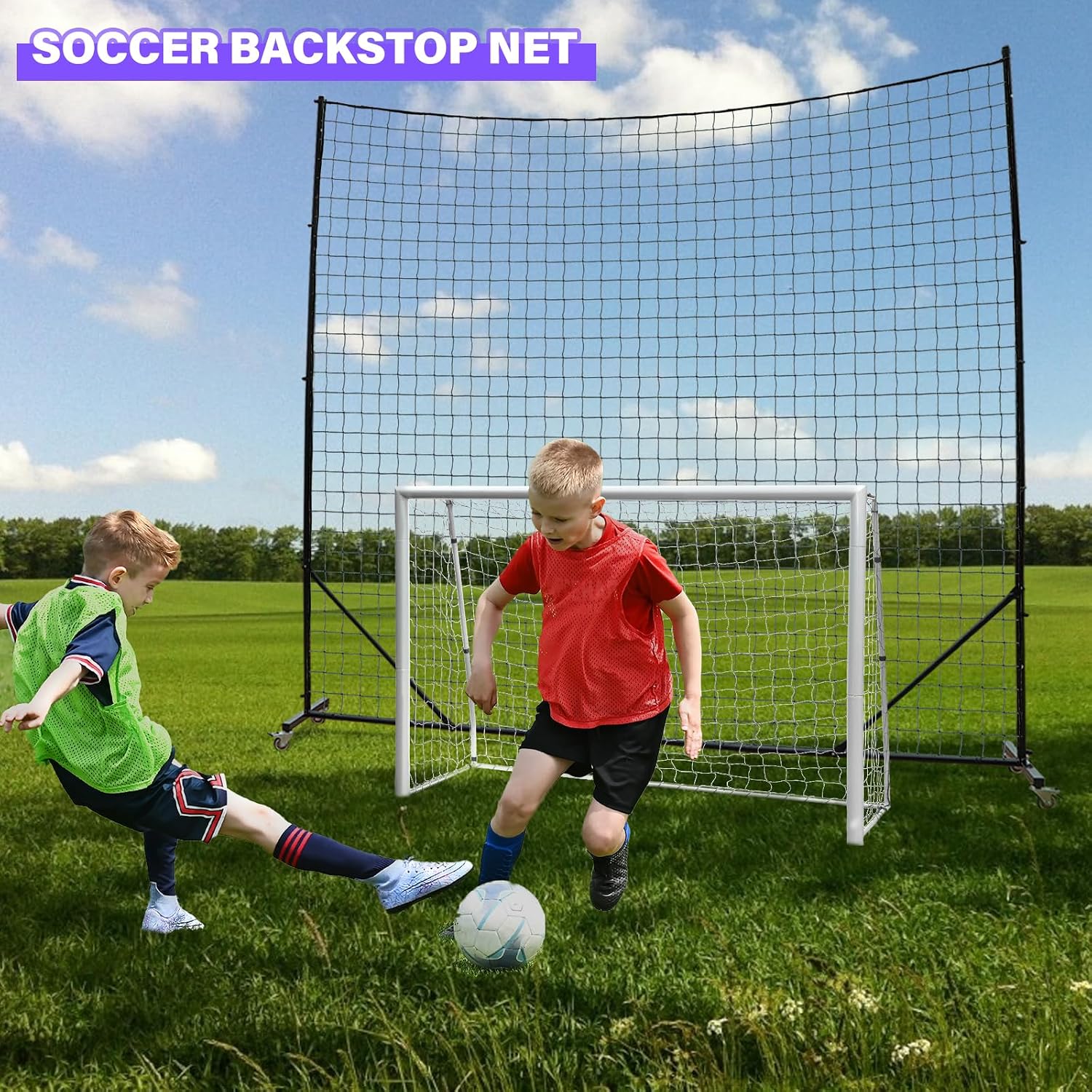 Backstop Net System for Backyard – Heavy Duty Sports Barrier Net with Steel Posts, Movable/Socketed Ball Stop Net for Soccer, Baseball, Training