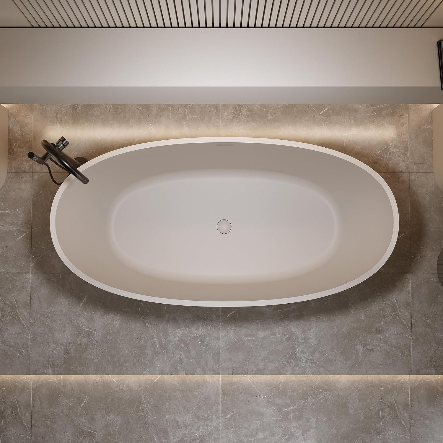 KEIKI 63'' Freestanding Bathtub, Resin Stone Soaking Bathtub with Solid Surface, Modern Tubs with Overflow and Pop-up Drain