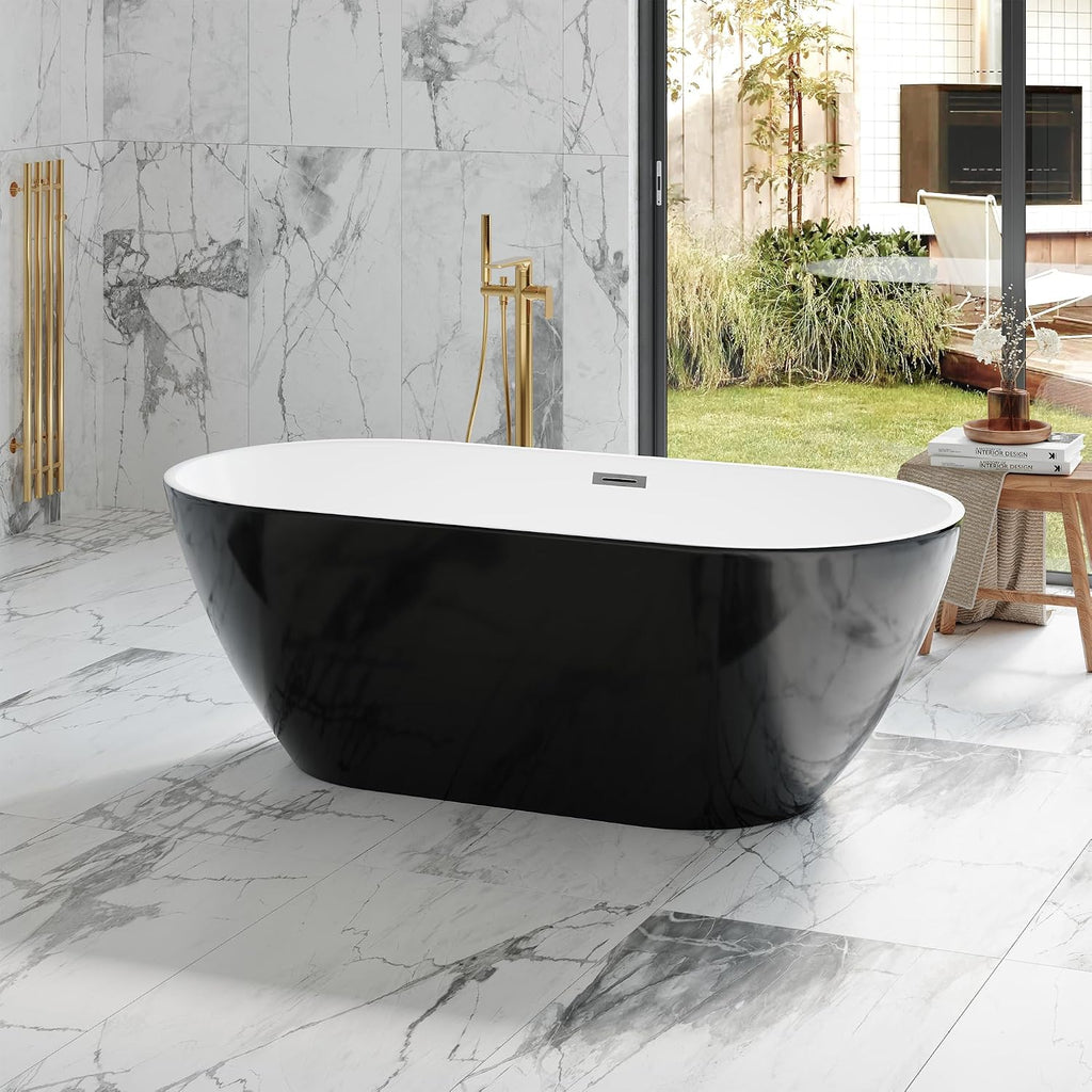 GarveeTech 59' Acrylic Freestanding Bathtub - Glossy Black Oval Soaking Tub with Chrome Overflow & Drain Kit, CUPC Certified