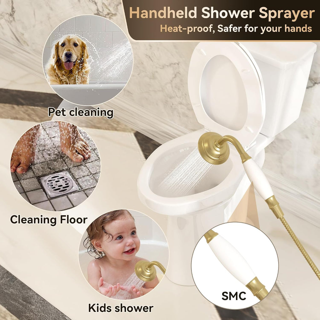 SUPERFLO Freestanding Bathtub Faucet Brushed Gold Tub Fillers Freestanding, Brass Free Standing Tub Faucet Floor Mounted With Ceramic Retro Hand Shower & Water Hose