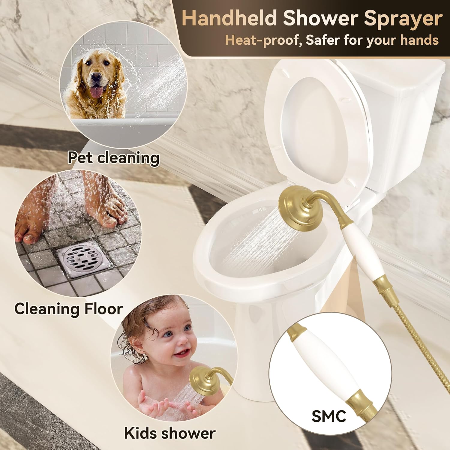 SUPERFLO Freestanding Bathtub Faucet Brushed Gold Tub Fillers Freestanding, Brass Free Standing Tub Faucet Floor Mounted With Ceramic Retro Hand Shower & Water Hose