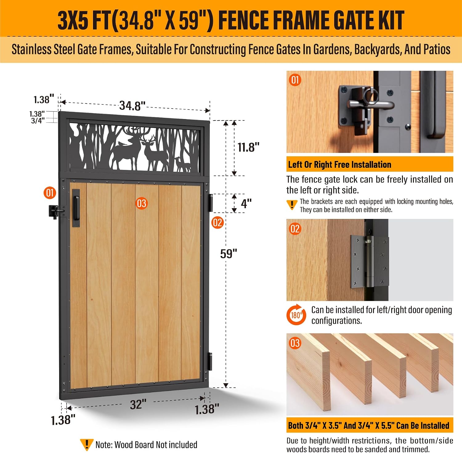 3x5FT Fence Gate Frame Kit 201 Stainless Steel Anti-Sag Heavy Duty Garden Gate Reinforcement Hardware, Left/Right Mount (No Panels Included)(34.8'W X 59'H)