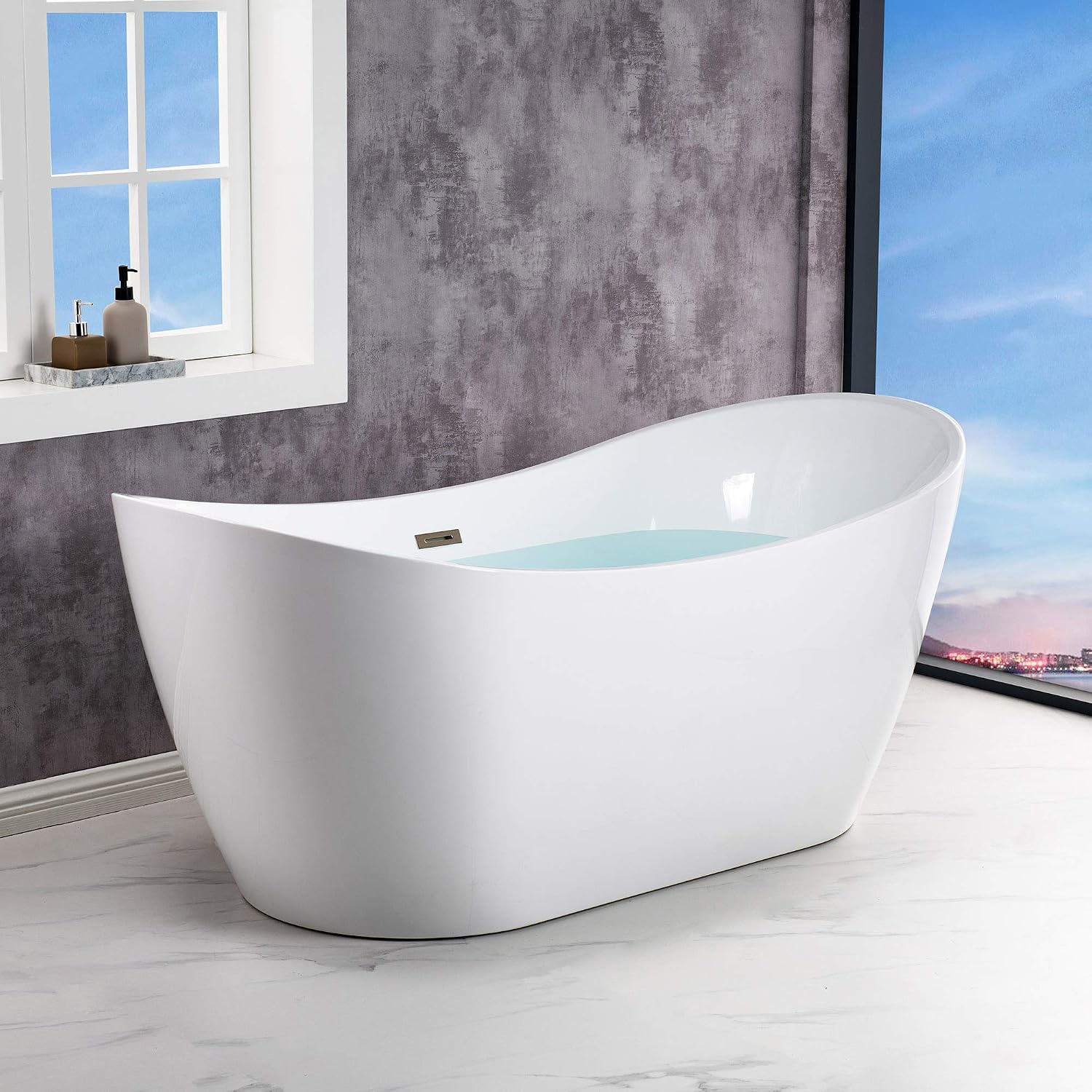 WOODBRIDGE 67' Acrylic Freestanding Bathtub Contemporary Soaking Tub, White Acrylic (Brushed Nickel Drain/Overflow),B-0010 B/N-Drain &O