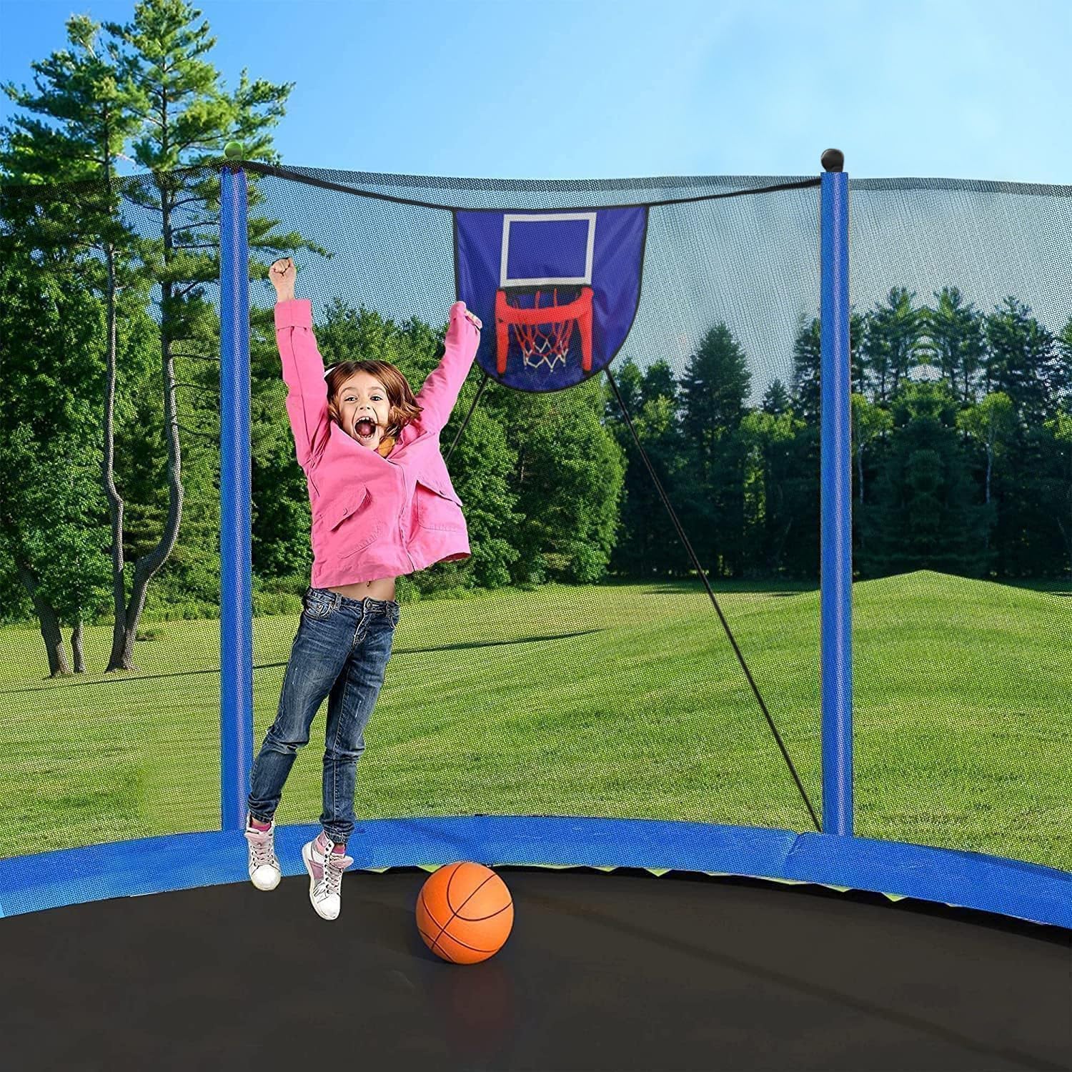 1500LBS 16FT 15FT 14FT 12 FT 10FT 8FT Tranpoline for Kids and Adults with Sprinkler, Lights with Music Speaker, Socks, Water Ball, Heavy Duty Outdoor Tranpoline with Net Enclosure and Ladder