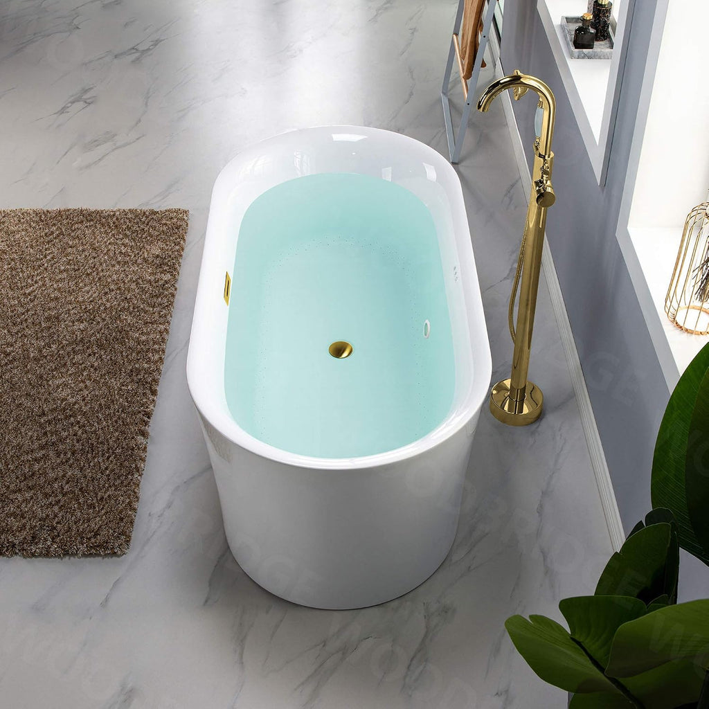 WOODBRIDGE 59' Acrylic Freestanding Bathtub Contemporary Soaking White Tub with Brushed Gold Overflow and Drain，B0102 -BG-Drain &O