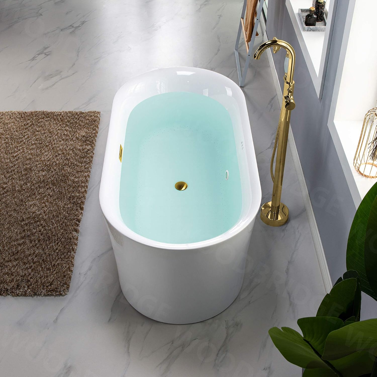 WOODBRIDGE 59' Acrylic Freestanding Bathtub Contemporary Soaking White Tub with Brushed Gold Overflow and Drain，B0102 -BG-Drain &O