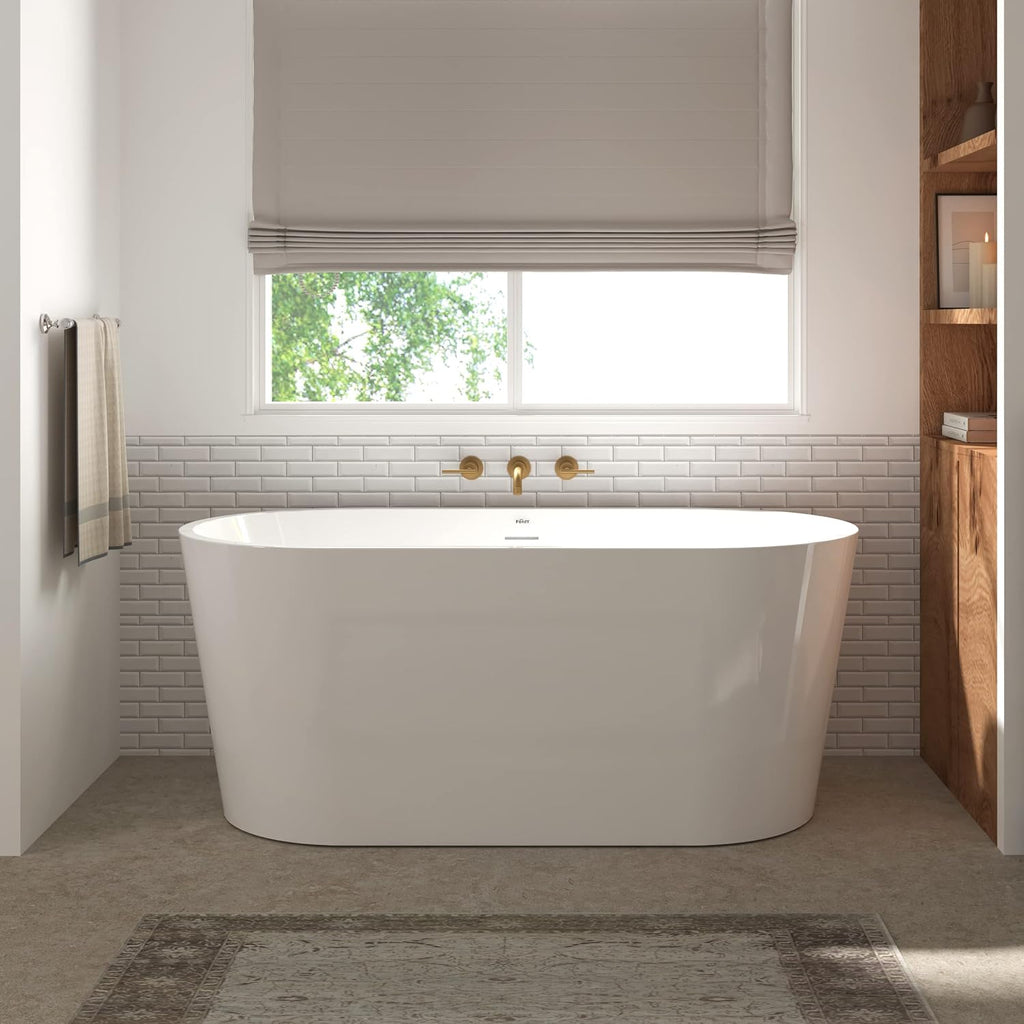FerdY Luzon 55' Acrylic Freestanding Bathtub with Headrest, Ergonomic Lightweight Classic Oval Soaking Bathtub with Brushed Nickel Drain, Minimalist Linear Design Overflow& Bathtub Pillow