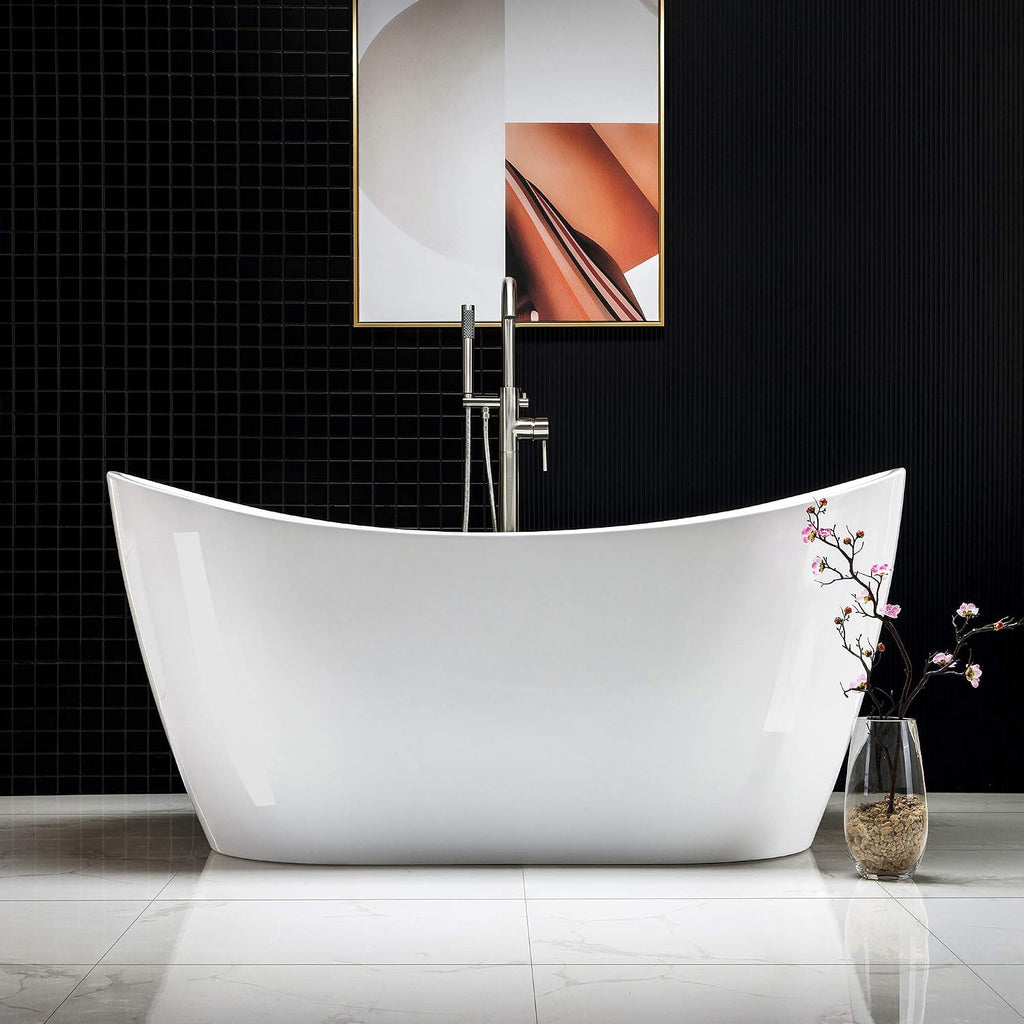 WOODBRIDGE 59' Acrylic Freestanding Bathtub Contemporary Soaking Tub with Brushed Nickel Overflow and Drain B-0016 -B/N-Drain &O