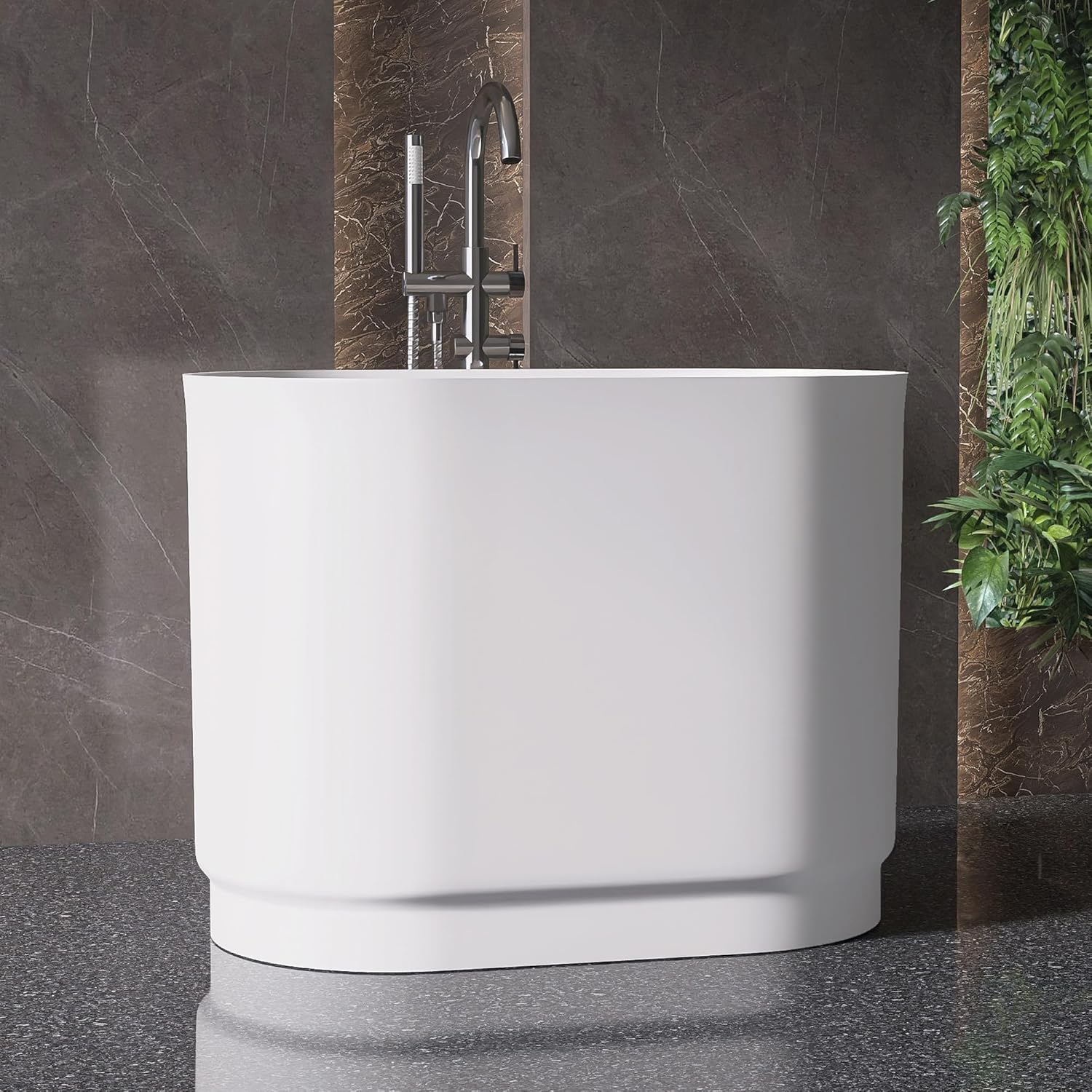 39' Stone Resin Janpanese Soaking Tub, Freestanding Deep Soaking Bathtub with Seat Desgin,Toe-tap Chrome Right Drain, Slotted Overflow, cUPC Certified, in Matte White