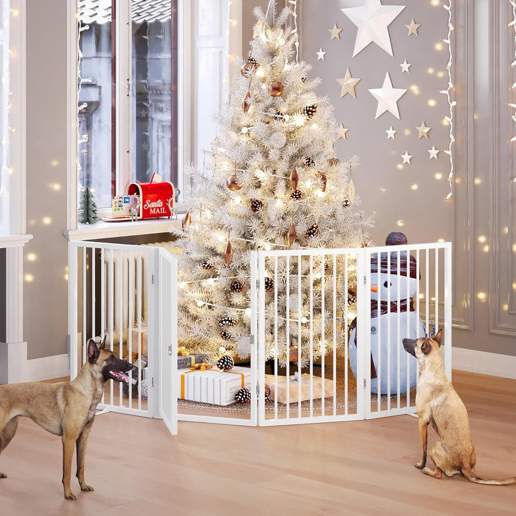 Vantas Folding No-Assembly Metal Pet Gate 80' Wide, 32' Extra Tall Dog Gate with Door Walk Through, Freestanding Accordion Puppy Gate Dog Door for Indoor & Outdoor, with 2PCS Support - White