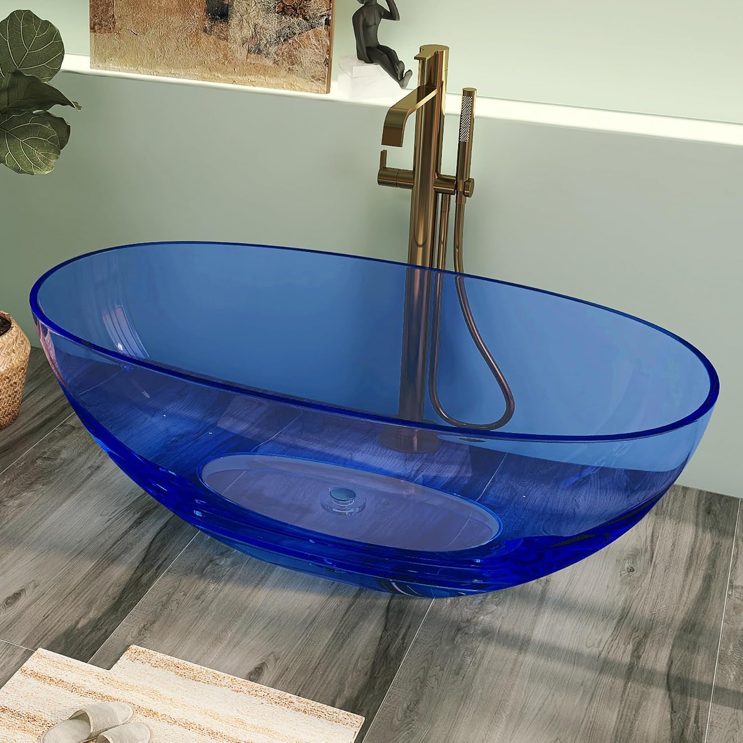61' Premium Solid Surface Freestanding BathTubs, Upgraded Modern Transparent Blue Design Stand Alone Tub with Pop-up Drain