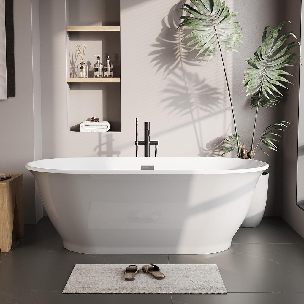 GarveeTech 67 in Freestanding Acrylic Bathtub, Luxury Oval-Shaped Soaking Tub, Modern Stand Alone Bathtub with Chrome Drain, Chrome Overflow and Drainage Pipe, Gray+White