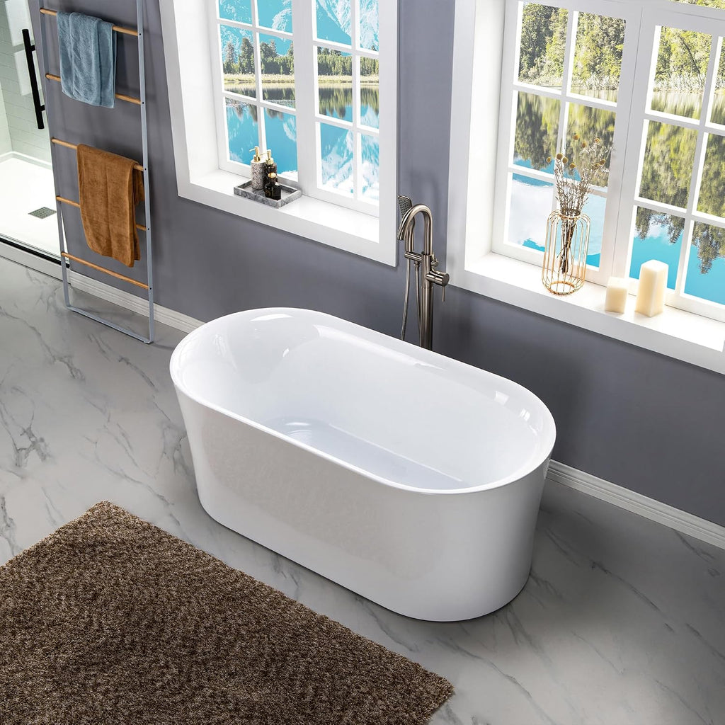 WOODBRIDGE 59' Acrylic Freestanding Bathtub Contemporary Soaking Tub with Brushed Nickel Overflow and Drain,White Tub,B0058-BN