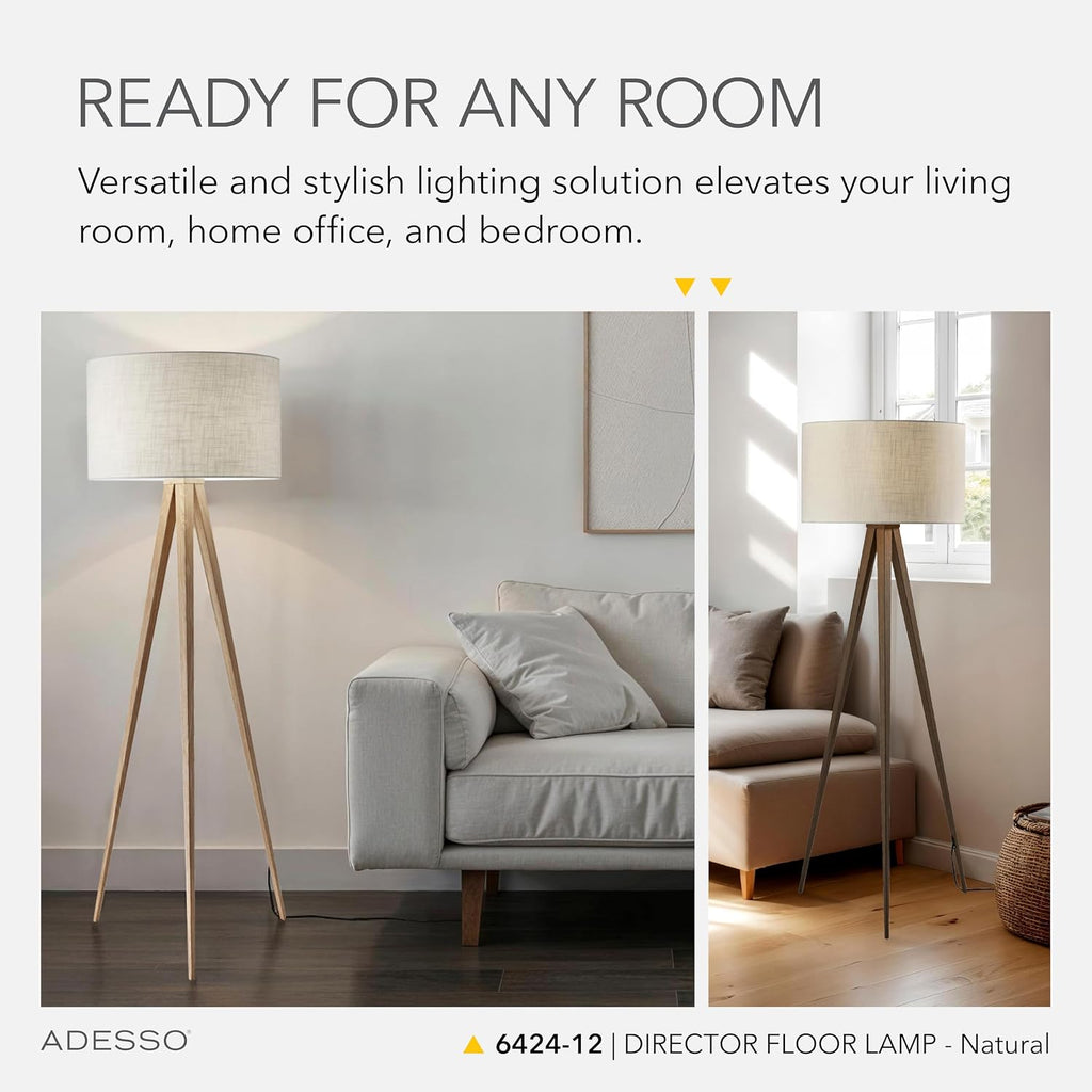 Adesso Floor Lamp with Natural Oak Veneer and Off-White Fabric Lampshade – 3-Way Adjustable Brightness, Lamp for Bedroom, Living Room, and House Décor, 60.25' x 21'