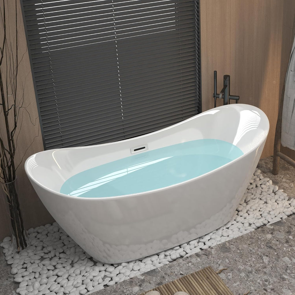 Zavdz 59'' Gloss White Freestanding Acrylic Bathtub, Soaking Tub with Chrome Overflow & Pop-Up Drain, CUPC Certified, Easy Install & Spacious Design