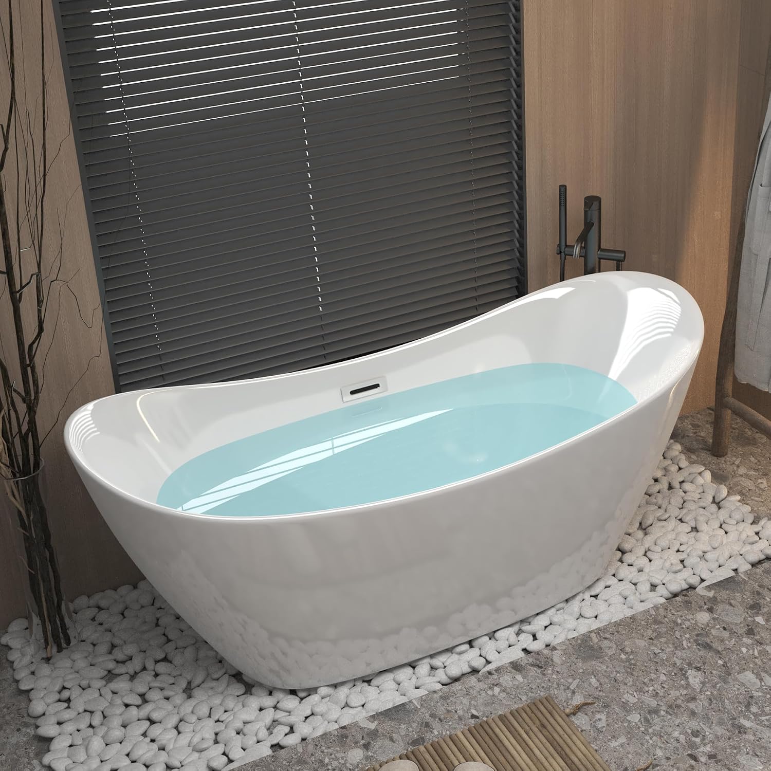 Zavdz 59'' Gloss White Freestanding Acrylic Bathtub, Soaking Tub with Chrome Overflow & Pop-Up Drain, CUPC Certified, Easy Install & Spacious Design