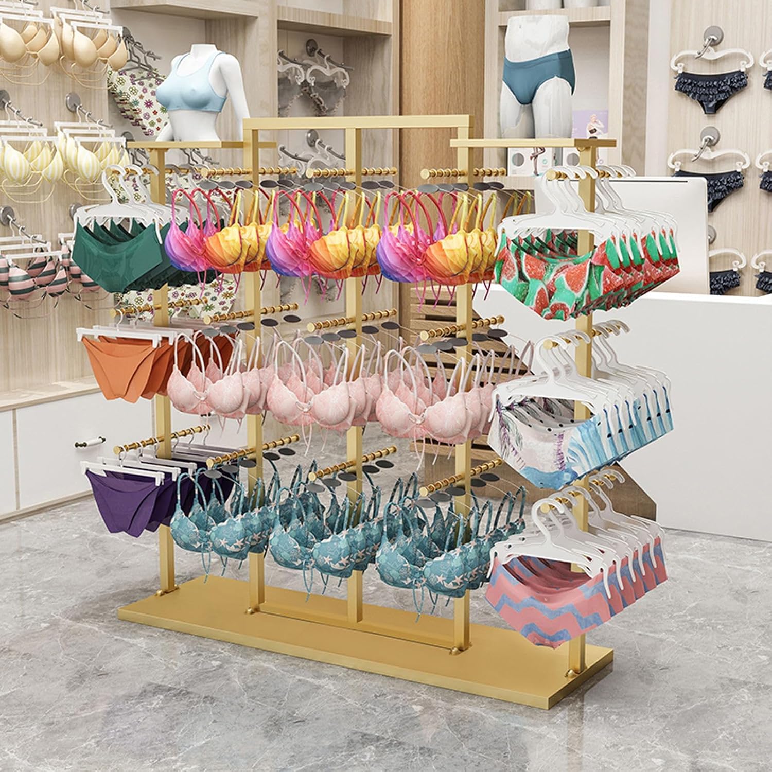 Double-Sided Underwear Display Stands, Wrought Iron Floor-Standing Display Stand, Garment Racks with Top Storage Shelf and Hanging Bar, Panties and Shorts Nakajima Display Shelf