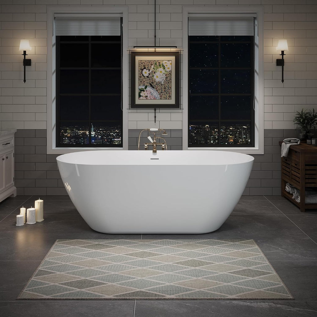 63' Acrylic Freestanding Bathtub, Oval Deep Soaking Bathtub with Center Pop up Drain Integrated Overflow, Stand Alone Bath Tub for Bathroom Spa or Home Upgrade, Glossy White GF 26A09 63