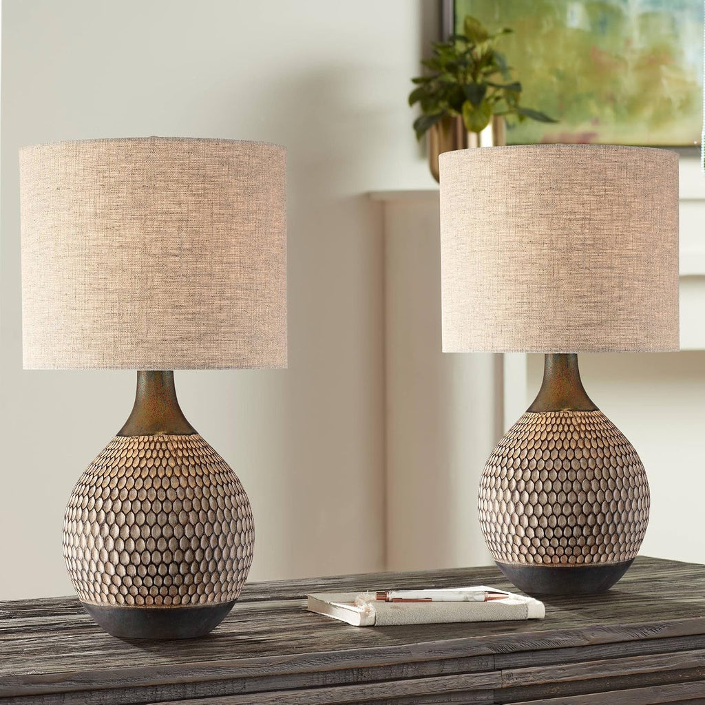 360 Lighting Emma 21' High Small Mid Century Modern Accent Table Lamps Set of 2 Brown Wood Finish Ceramic Oatmeal Shade Living Room Bedroom Bedside Nightstand House Office Home Kitchen