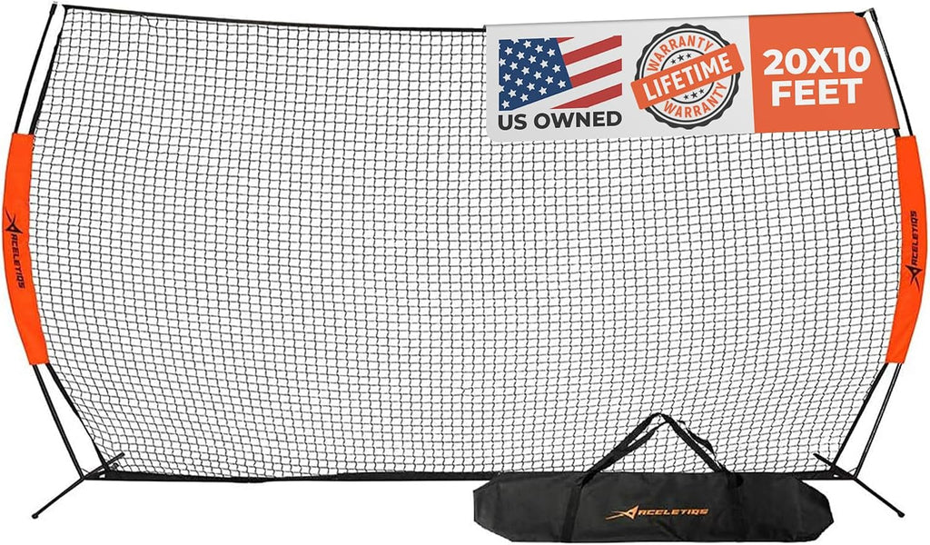ACELETIQS Lacrosse Net Backstop, (10 x 20 ft) Durable Steel Frame & 7-Ply Knotless Sports Netting, Multi Purpose Backyard Barrier Net for Soccer, Basketball, Baseball, Softball Pitching Screen