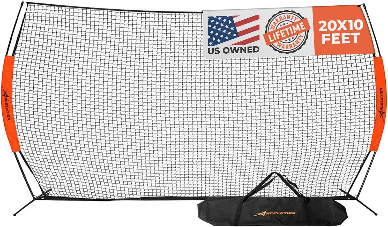 ACELETIQS Lacrosse Net Backstop, (10 x 20 ft) Durable Steel Frame & 7-Ply Knotless Sports Netting, Multi Purpose Backyard Barrier Net for Soccer, Basketball, Baseball, Softball Pitching Screen