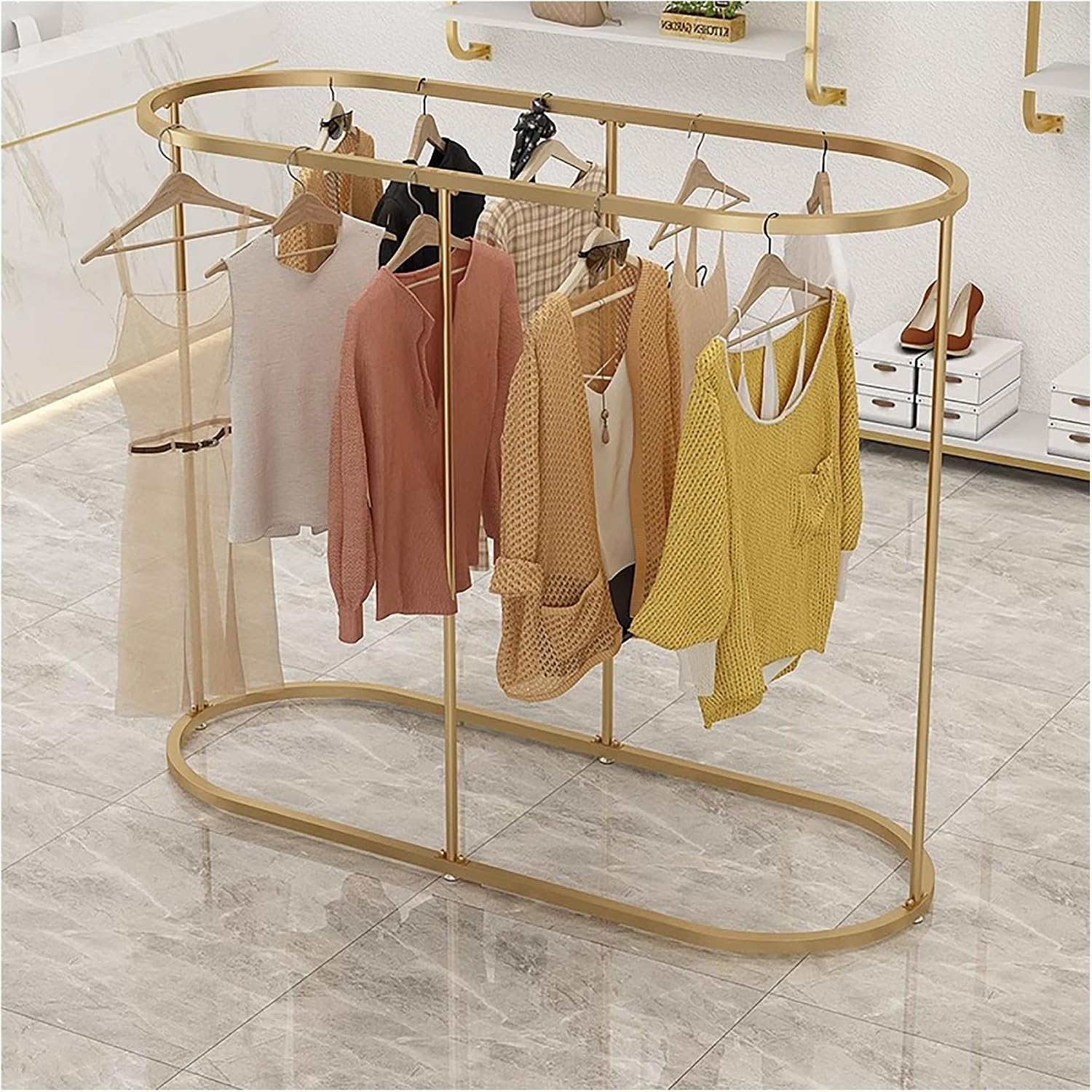 Black Modern Black Metal Hanging Rod Freestanding Garment Rack for Bedroom Hall Clothes Store and Boutique Creative Display in Boutique Clothing Stores,Gold L120cm H130cm
