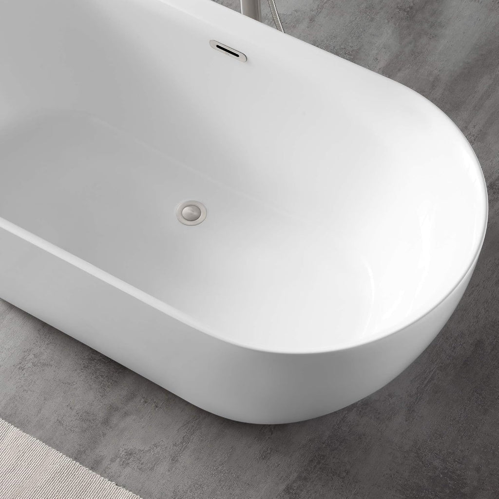 OVE Decors Ayago 59 in. Solid Surface Freestanding White Acrylic Soaking Bathtub, with Overflow and Satin Nickel Pop-up Drain