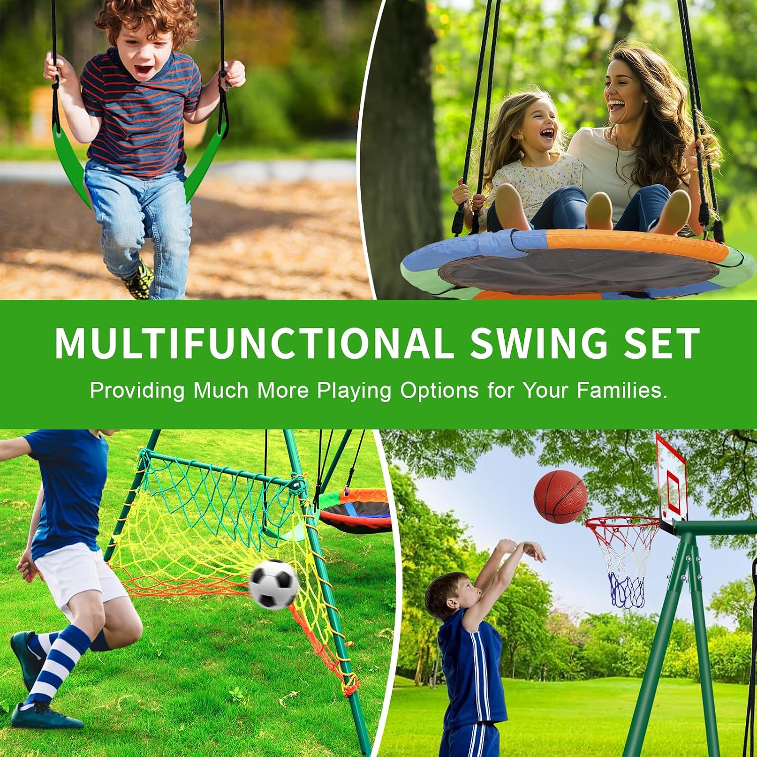 CYFIE Swing Set, Outdoor Playset for Kids with Saucer Swing, Belt Swing, Heavy Duty Metal Frame Swing Stand, Basketball Hoop and Soccer Goal, Swing Sets for Backyard, Playground, Park