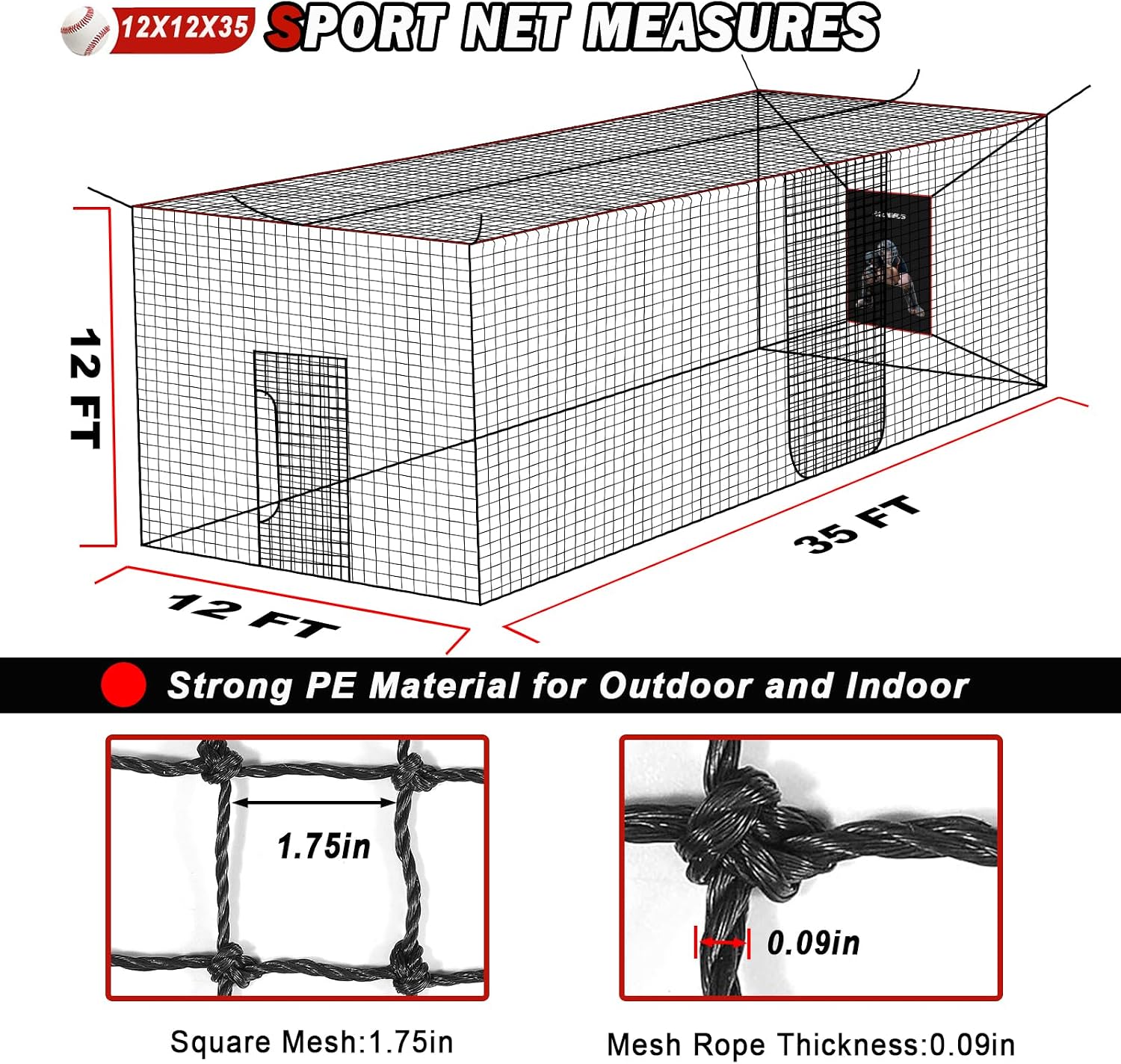 Baseball Softball Batting Cage Net with Realistic Catcher, Net Only, Backyard Practice Batting Cage Net, Heavy Duty Multi-Purpose Sports Net with Door