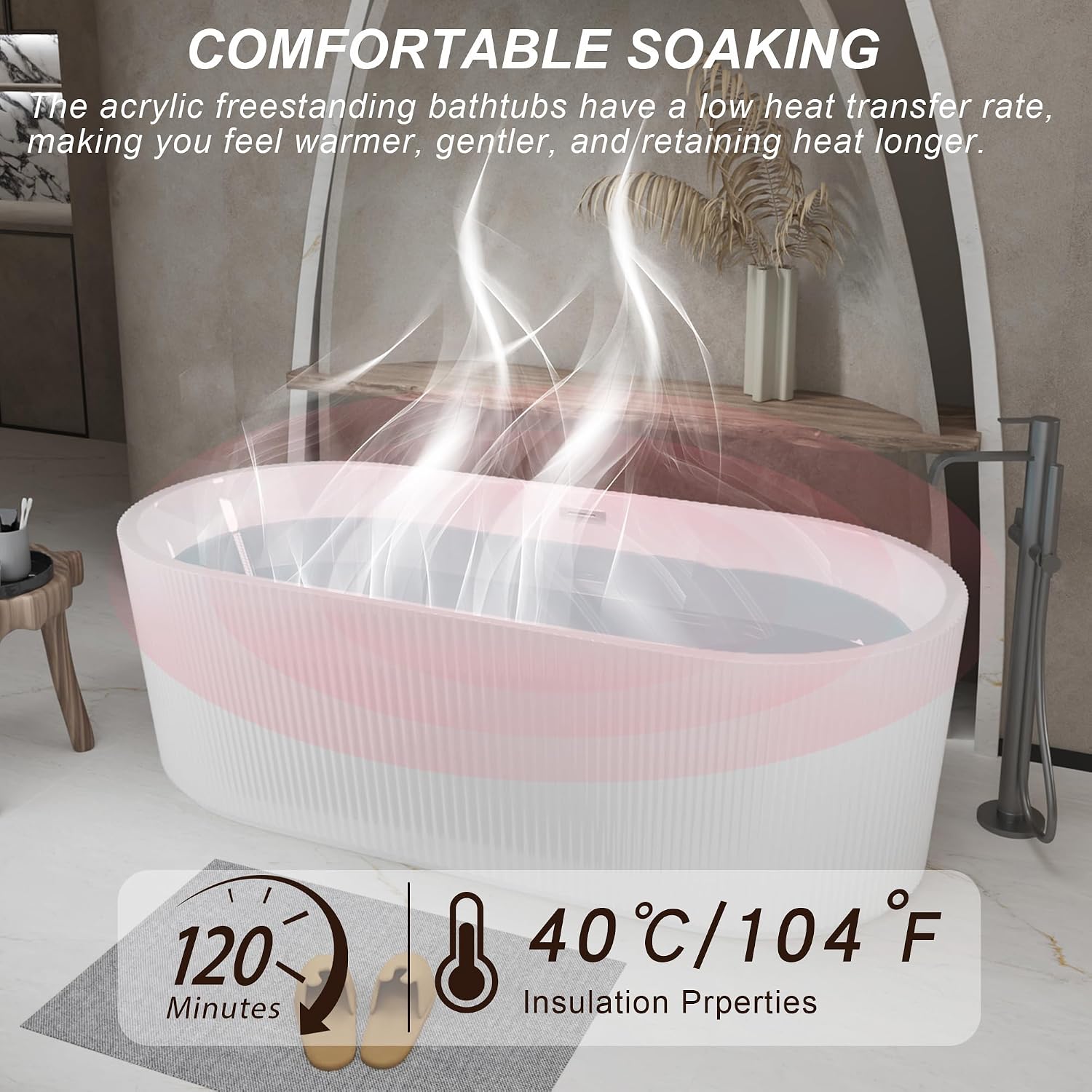 KEIKI 59' Freestanding Acrylic Soaking Bathtub, Modern Minimalist Bathroom Oval Deep Soak Tub, cUPC Certified,Toe-tap Chrome Drain,Glossy White