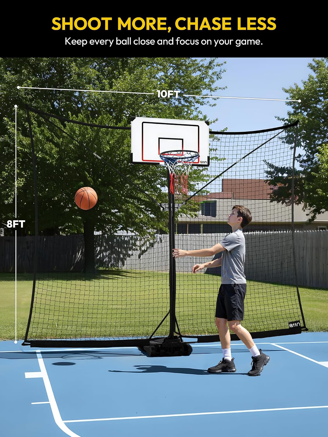 A11N SPORTS Basketball Rebounder Net Yard Guard – 10x8 FT Outdoor Basketball Net Catcher Backstop for Round & Square Poles, Pole-Wrap Storage