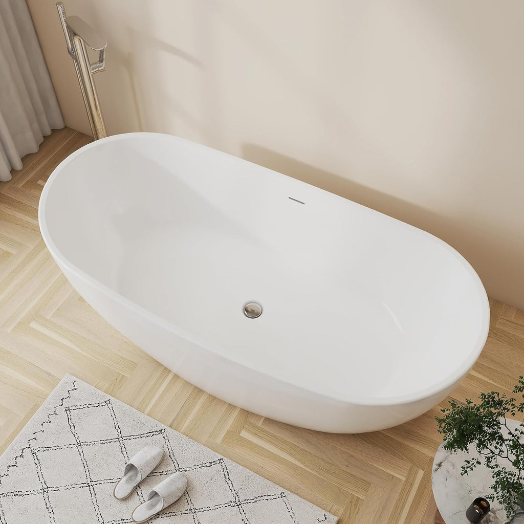 65'' Freestanding White Acrylic Bathtub, Oval Soaking Tub