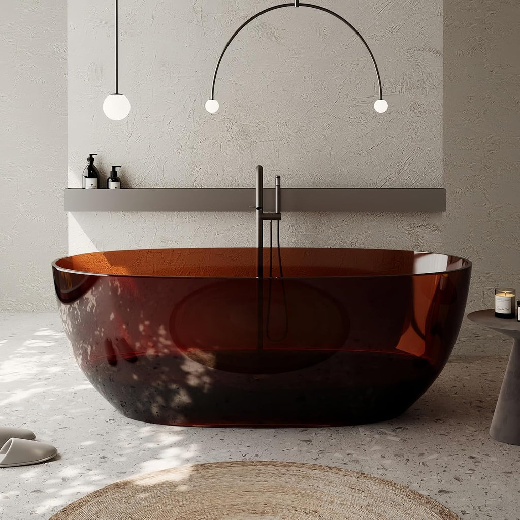 56' Edeyeu Freestanding Bathtub - Clear Oval Resin Extra Deep Soaking Tub, Ergonomic Solid Surface Bathtub Alternative With Handcrafted Finish for Luxury Modern Bathrooms Red A