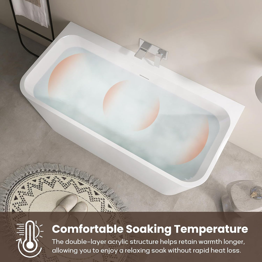 SJ STAR&JANE 59 Inch Acrylic Freestanding Bathtub,Modern Back to Wall Soaking Tub, Stand alone Acrylic Tub Integrated Center Drain & Overflow, Glossy White