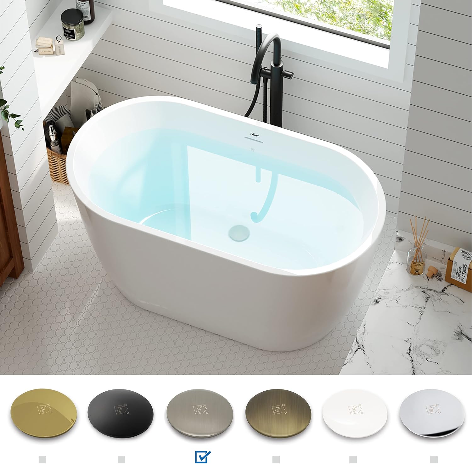 FerdY 47' Bali Acrylic Freestanding Bathtub, Gracefully Shaped Freestanding Soaking Bathtub, cUPC Certified, Brushed Nickel Drain & Bath Pillow for Bathtub,Thick Tub Pillows, Breathable 4D Air Mesh