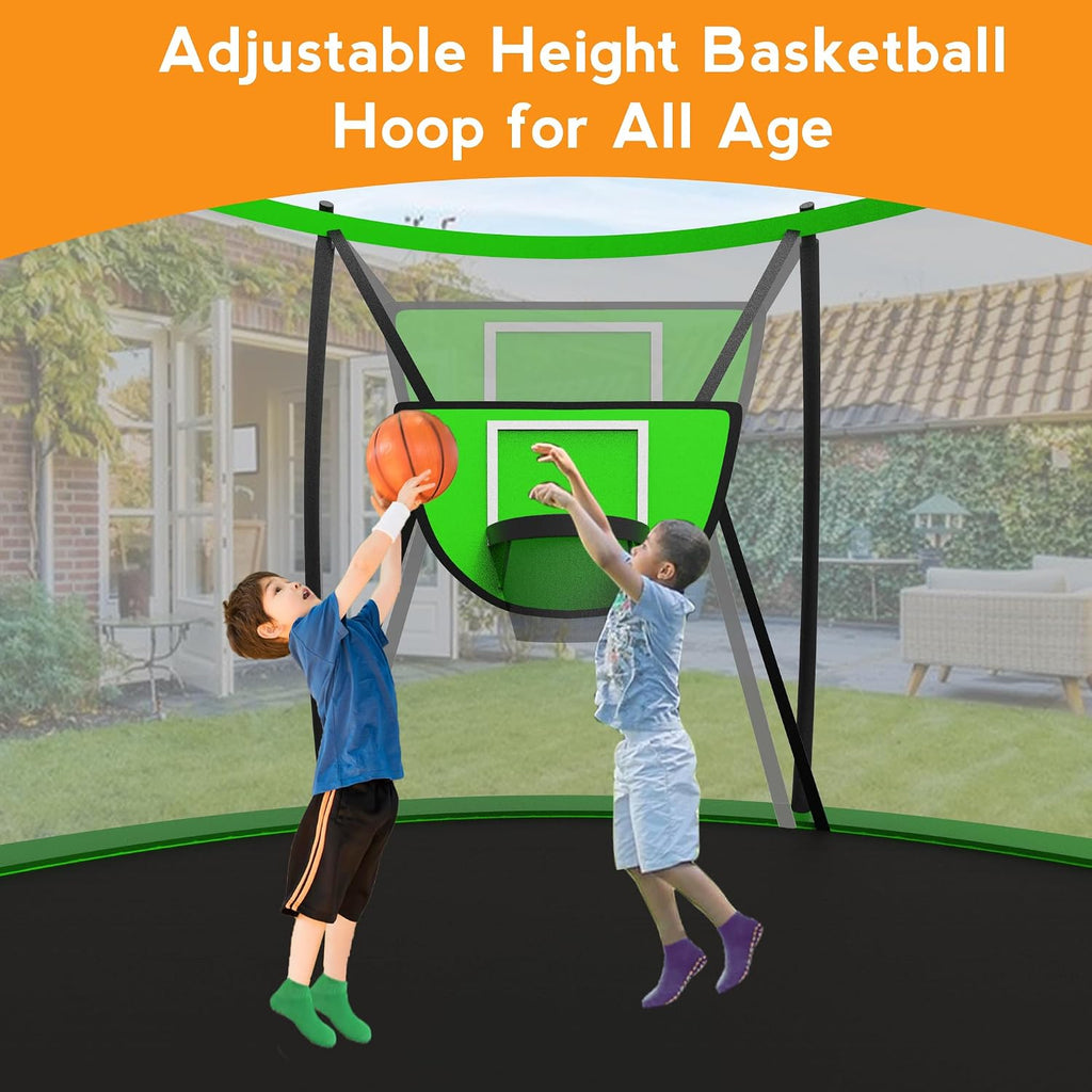 KOFUN 1500LBS 10/12/14FT Tranpoline Outdoor for Kids and Adults, Tranpolines with Net, Ladder, Recreational Tranpoline with Basketball Hoop Easy to Assemble - Curved Poles Larger Room, ASTM Approval