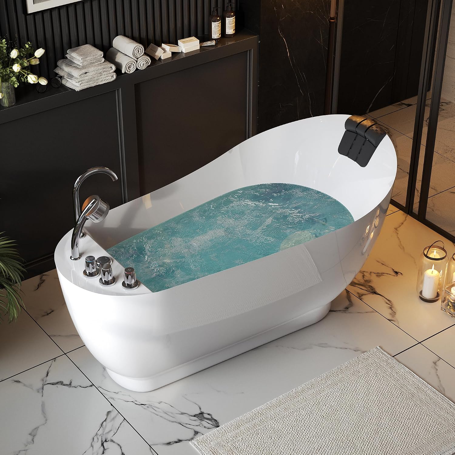 Empava 59' x 29' Freestanding Whirlpool Tub, Acrylic 560W Jetted Bathtub with 7 Hydromassage Nozzles,Lumbar and Neck Support,ETL Certified