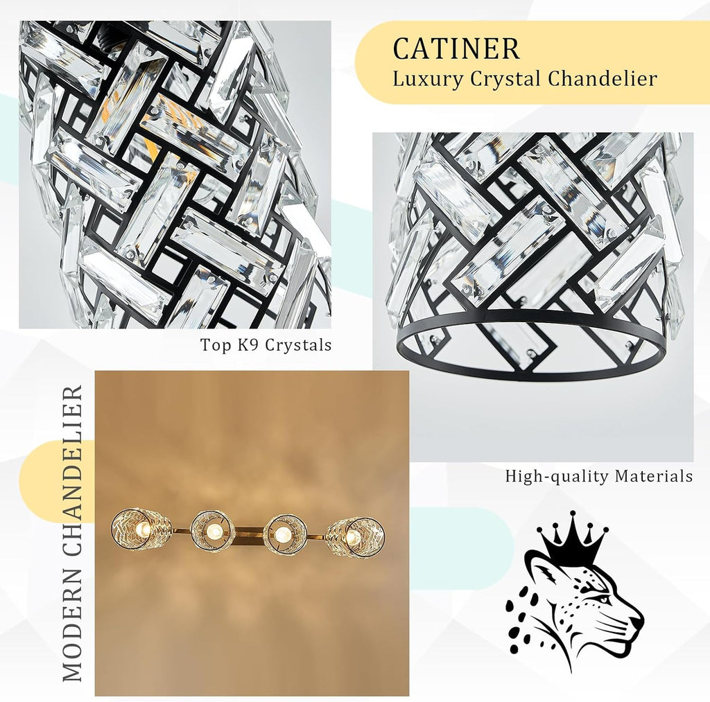 CATINER 40' Crystal Kitchen Island Lighting 4 Lights Modern Black Linear Chandelier Dining Room Light Fixture Over Table Luxury Ceiling Pendant Light Fixture
