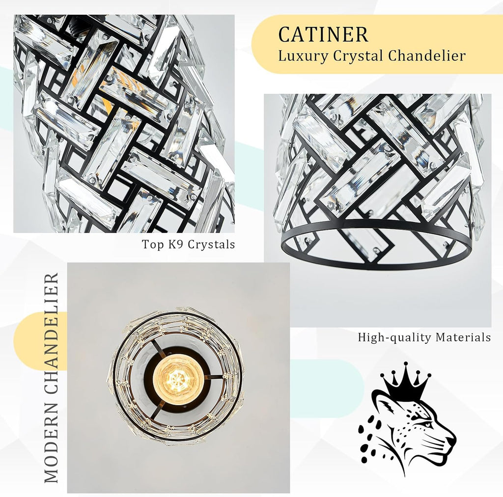 CATINER Modern Black Crystal Pendant Light Fixture, Mini Chandelier 3-Pack for Kitchen Island, Dining Room, Living Room, Hallway, Porch, Bedroom Lighting