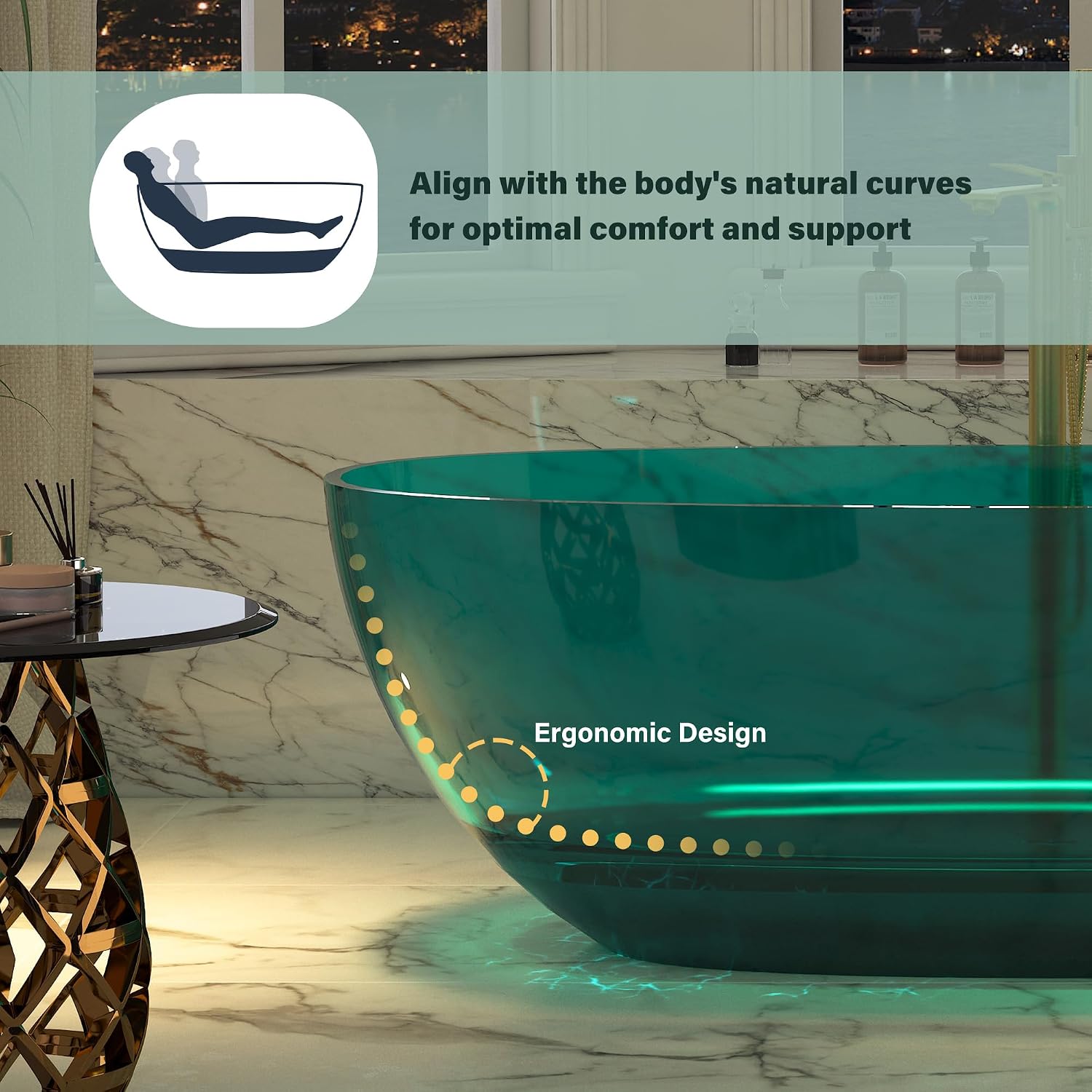 CASAINC 67' Soaking Tub Transparent Resin Freestanding Bathtub Modern Oval Design Stand Alone Tub with Pop-up Drain, 73.32 Gallons Water Storage Capacity and 415 MM Soaking Depth, Transparent Sea Blue