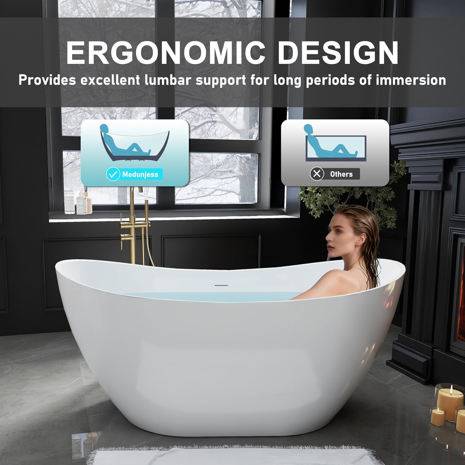 60' Acrylic Freestanding Bathtubs, High-back Stand Alone Tub, Soaking Tubs for Bathroom, Integrated Overflow and Drain, cUPC Certified, Gloss White